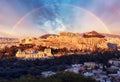 Acropolis of Athens, Greece, with the Parthenon Temple during sunset with rainbow Royalty Free Stock Photo