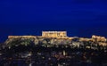 The Acropolis of Athens, Greece, with the Parthenon Temple on top of the hill in the night Royalty Free Stock Photo