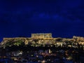 The Acropolis of Athens, Greece, with the Parthenon Temple on top of the hill in the night with a milky way Royalty Free Stock Photo