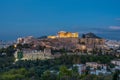 The Acropolis of Athens with lights on at dusk Royalty Free Stock Photo