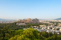 Acropolis of Athens and Lycabettus Hill on the background as seen from Filopappos Hill. Royalty Free Stock Photo