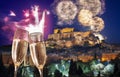 Acropolis with firework, celebration of the New Year in Athens, Greece