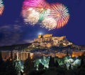 Acropolis with firework, celebration of the New Year in Athens, Greece