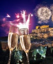 Acropolis with firework, celebration of the New Year in Athens, Greece