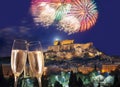 Acropolis with firework, celebration of the New Year in Athens, Greece