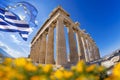 Acropolis with flag of Greece and flag of European Union in Athens, Greece Royalty Free Stock Photo