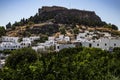The Acropolis of Lindos in Rhodes, Greece at sunset. Royalty Free Stock Photo