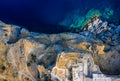 Acropolis of Lindos view from the drone top of the mountains, ruins of the sea and the rocks. turquoise sea. clear water Royalty Free Stock Photo