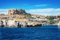 Acropolis of Lindos and village of Lindos, view from sea Rhodes Royalty Free Stock Photo