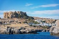 Acropolis of Lindos and village of Lindos, view from sea Rhodes Royalty Free Stock Photo