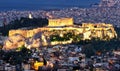 Acropolis at night in Athens from hill Lycabettus, Greece Royalty Free Stock Photo