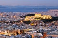 Acropolis at night in Athens from hill Lycabettus, Greece