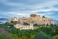 Acropolis with Parthenon and the Herodion theatre. View from the hill of Philopappou, Athens.