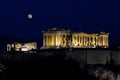 Acropolis (parthenon) by night, under full moon,
