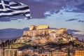 Acropolis with Parthenon temple against Greek flag in Athens, Greece Royalty Free Stock Photo