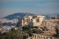 Acropolis propylaea gate and monument Agrippa view from Philopappos Hill. Athens, Greece Royalty Free Stock Photo