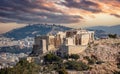 Acropolis propylaea gate and monument Agrippa view from Philopappos Hill. Athens, Greece