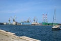 Across Pula harbor to dockyard cranes, Croatia