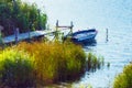 Acryl  paintings of fishing boats and pier in the Havel River. Havelland Royalty Free Stock Photo