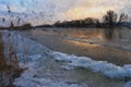 Acryl paintings of the wintry river havel in the evening sun