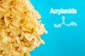 Acrylamide in food. Chips snack food and chemical formula of acrylamide. Europe imposes a restriction on products