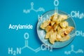 Acrylamide formula. A plate of fried potatoes on a blue background.