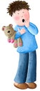 Acrylc illustration of the sleepy little boy with wide open mouth yawning eyes open holding teddy bear, looking bored isolated on Royalty Free Stock Photo