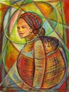 African Mother Carries her child in her Back Sack Abstract Impressionist Art Royalty Free Stock Photo