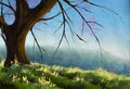 Acrylic claude monet painting Big tree on sunny meadow in mountains beautiful