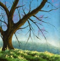 Acrylic claude monet painting Big tree on sunny meadow in mountains beautiful landscape Royalty Free Stock Photo