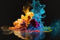 Acrylic color drop in water. Abstract paint explosion on black background. Generative AI