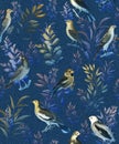 Acrylic colors wild exotic birds on leaves seamless surface pattern textile design on blue background