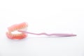 Acrylic dentures with toothbrush on white background