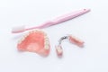 Acrylic dentures with toothbrush on white background