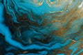 Acrylic Fluid Art. Blue aquamarine waves and gold inclusion. Abstract marble background or texture Royalty Free Stock Photo