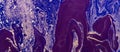 Acrylic Fluid Art. Luxury Pattern Gold and Purple Waves on blue background. Abstract Marble banner