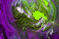 Acrylic Fluid Art. Violet waves and poisonous green spots curls. Abstract swirling background or texture
