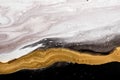 Acrylic Fluid Art. White and black waves with liquid golden curve. Abstract marble background or texture, fake kintsugi