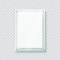 Acrylic glass plate, plastic frame for poster of photo, 3d realistic mockup isolated hanging on transparent wall. White Royalty Free Stock Photo