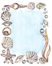 Acrylic hand painted sea shells, corals and pearls frame illustration with blue color background, golden graphic wreath clipart,