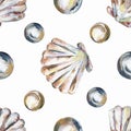 Acrylic hand painted sea shells and pearls seamless pattern, hand painted graphic ocean life repeat paper