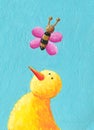 Cute yellow bird and pink butterfly