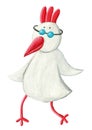 Funny white hen with eyeglasses walking