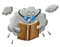 Gray rain cloud is holding a book and enjoys reading book