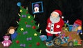 Santa, little girl, sack with toys and Christmas tree