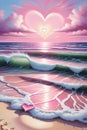 Acrylic painting art of a breathtaking white sandy beach, with a cute heart in the pink cotton sky, seashore, romantic, love scene Royalty Free Stock Photo