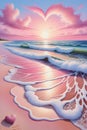 Acrylic painting art of white sandy beach, cute heart in pink cotton sky, love art, gentle waves, clouds, sunset Royalty Free Stock Photo