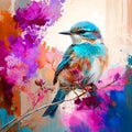 Acrylic painting of bird and spring flower. AI generated artwork.