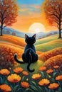 Acrylic painting of a black cat, sitting and looking to the whimsical field, at sunset time, autumn season, digital art, flower