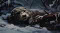 Sleeping Otter In Snow: A Dark And Melancholic Illustration